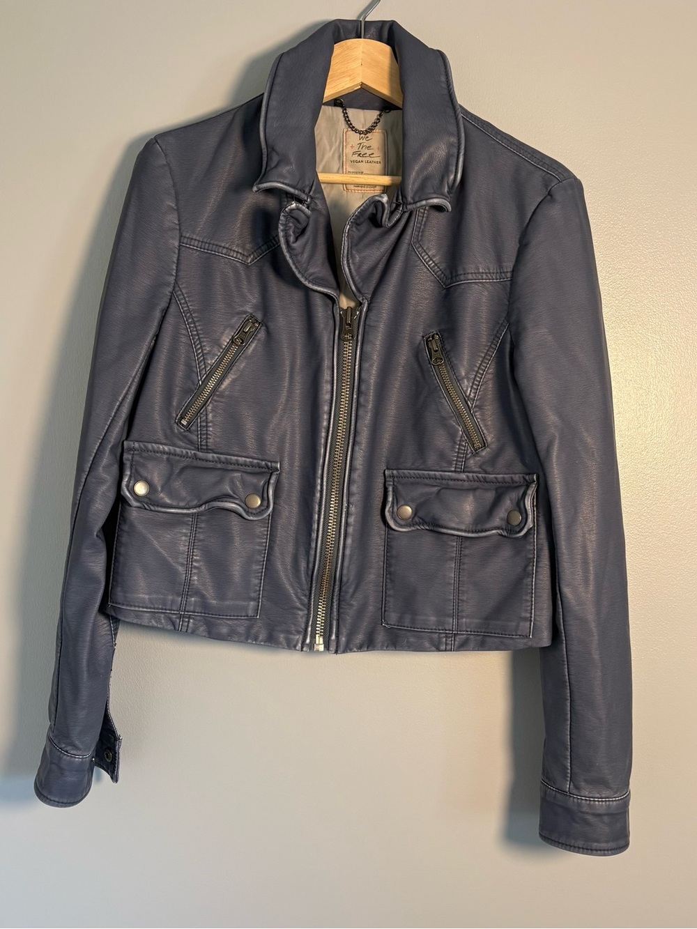 Free People We The Free Vegan Leather Cropped Moto Jacket Muted Blue Gray size S